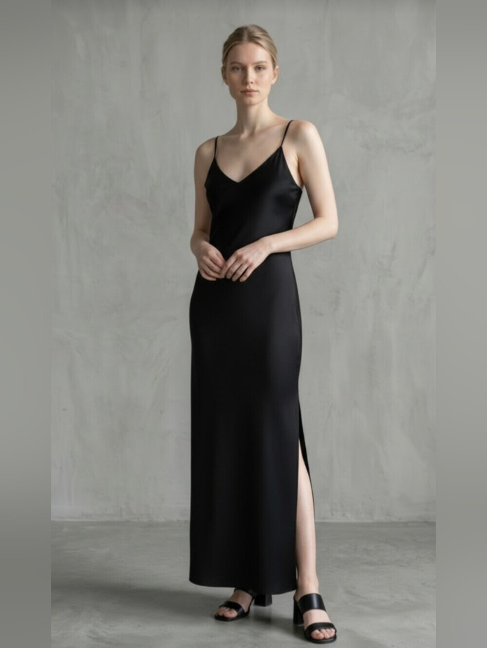 JUMP APPAREL! RICH BLACK SPAGHETTI STRAP FULL LENGTH LEFT LEG SLIT DRESS! SZ 3/4